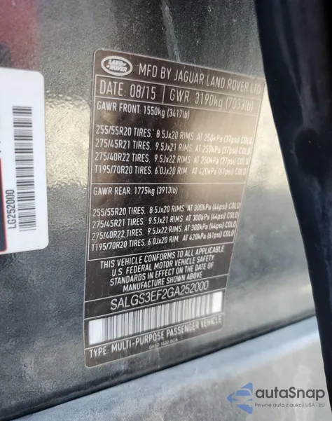 2016 Land Rover Range Rover Supercharged z USA, uszkodzony, nr VIN SALGS3EF2GA252000